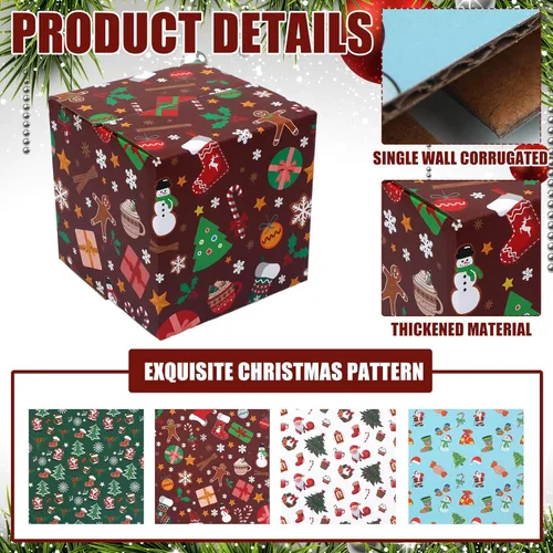 Vista 4 de Cholemy Paquete de 20 cajas de envío de Navidad, cajas de regalo de Navidad decorativas con 4 diseños, cajas de Navidad vacías, reciclables