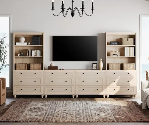 WAMPAT Centro de entretenimiento con estanterías para televisores de hasta 75", unidad de pared estilo granja soporte para TV con cajones, mesa Beige