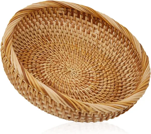 Vista 10 de Cesta redonda de ratán natural para frutas, cestas de decoración tejidas a mano, almacenamiento de mimbre para comedor (combo redondo)