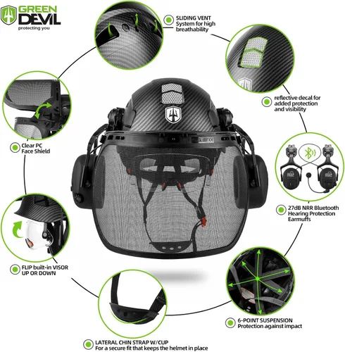 Vista 2 de Casco de seguridad para motosierra forestal GREEN DEVIL con orejeras Bluetooth Casco de arborista Casco duro con visera incorporada Protector facial