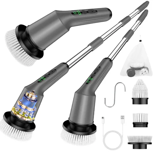Vista 7 de Cepillo de limpieza eléctrico giratorio para baño, cepillo de ducha inalámbrico con IPX7 a prueba de agua y 2 velocidades, 3 cabezales de cepillo