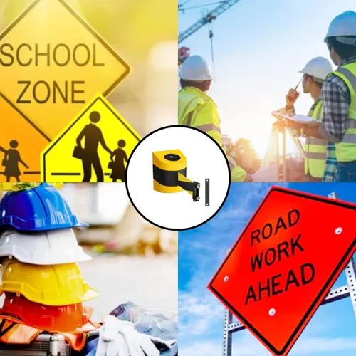 Vista 6 de Barrera retráctil de montaje magnético en pared de la serie CCW de Crowd Control Warehouse - WMB-220 - 15 pies, cinturón diagonal negro y naranja