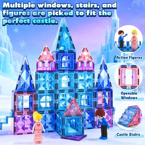 Vista 4 de Azulejos magnéticos, 102 piezas con 2 escaleras, 2 muñecas, castillo de princesa, construcción de juguetes para niñas de 4 a 5 años, 6 a 8 años