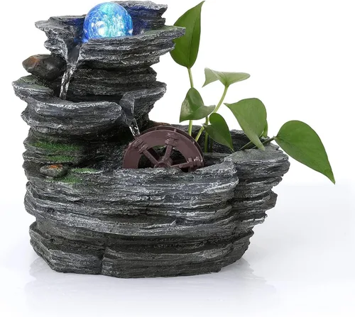 Fuente de agua de mesa, cascada de meditación de resina ambiental, fuente de escritorio con rueda de agua, función de cascada interior con bola de