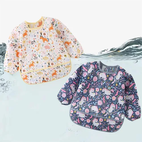 Vista 5 de Juego de 5 baberos impermeables de manga larga con bolsillo para niños pequeños de 6 a 30 meses