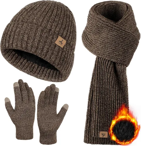 Vista 12 de Winter Hat Scarf Gloves Set, Knitted Ribbed Beanie Winter Gift Men Boys Mezcla gris y negro