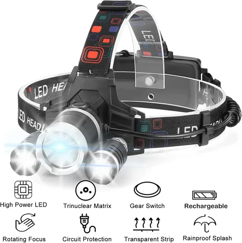 Vista 5 de Linterna frontal recargable, lámpara de cabeza de 6000 lúmenes de alto, luz LED súper brillante, 4 modos IPX5, linterna de cabeza impermeable, 90