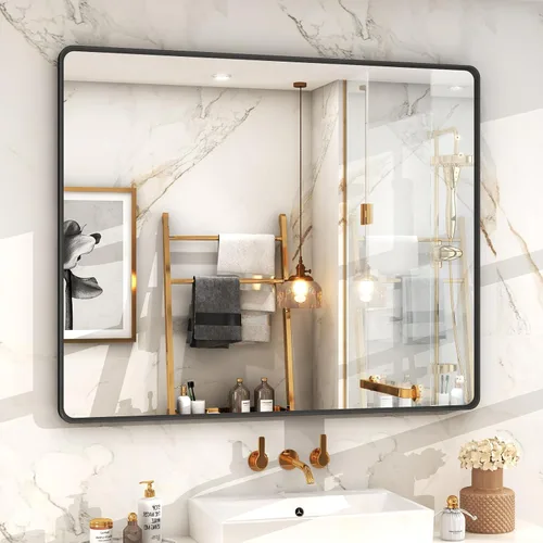 Vista 35 de OKPAL Espejo de Baño con Marco de Metal Negro de 40 x 36 Pulgadas para Pared, Espejo de Tocador de Baño Negro Mate, Espejo Rectangular Redondeado