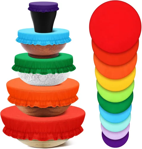 Vista 9 de Patelai 10 fundas reutilizables para tazones en 5 tamaños, tela elástica, fundas elásticas para tazones de almacenamiento de alimentos, tapas de pan