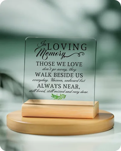 Vista 8 de Regalo de condolencias, regalos conmemorativos para la pérdida de un padre amado, letrero de escritorio transparente con soporte de madera