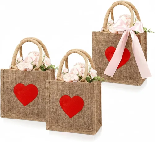 SilTriangle 3 bolsas de arpillera para el día de San Valentín, cesta de corazón rojo, esenciales, caza de lazo rosa, bolsa de regalo para niños y