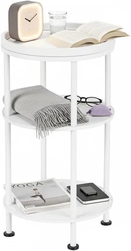 Vista 21 de Mesa auxiliar redonda pequeña con estación de carga para espacios pequeños, mesa decorativa de 3 niveles con puertos USB y tomas de corriente, mesa