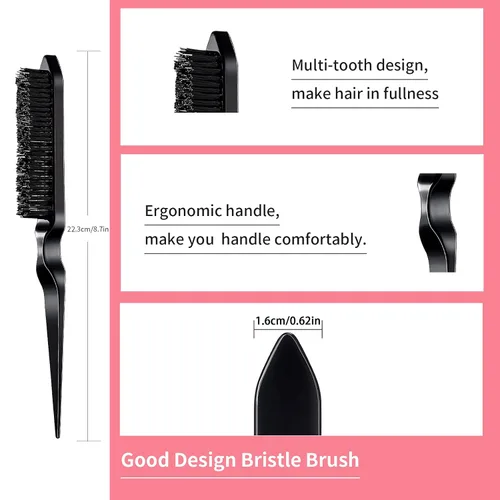 Vista 3 de Juego de 3 piezas de peine para peinar el cabello, cepillo de burlas, cola de rata, peine de borde para cepillado de bordes y espalda, peinar, Negro
