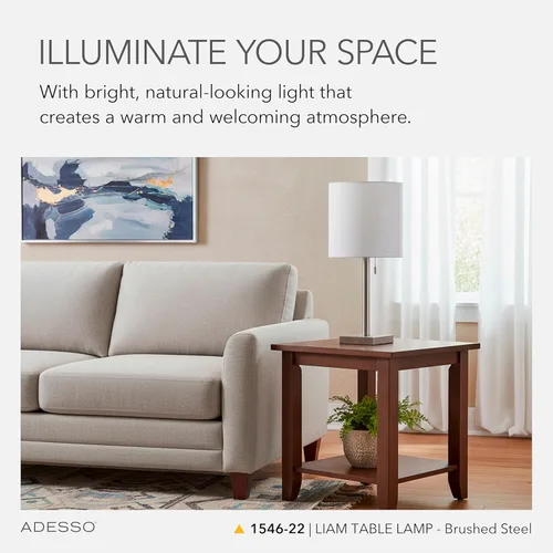 Vista 3 de Adesso 1546-22 Liam Lámpara de mesa, 22 in., 60 W incandescente/13 W CFL, acero cepillado/blanco, 1 lámpara de acero