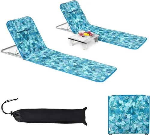 Vista 11 de GYMAX Sillas de playa, sillas de bronceado plegables con juego de mesa, silla de piso ajustable para patio, silla de baño de sol al aire libre