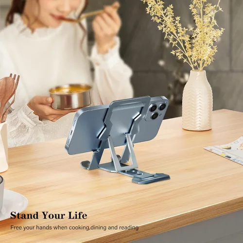 Vista 4 de Soporte de teléfono para escritorio, soportes ajustables para teléfono celular, soportes plegables de metal para todos los teléfonos inteligentes