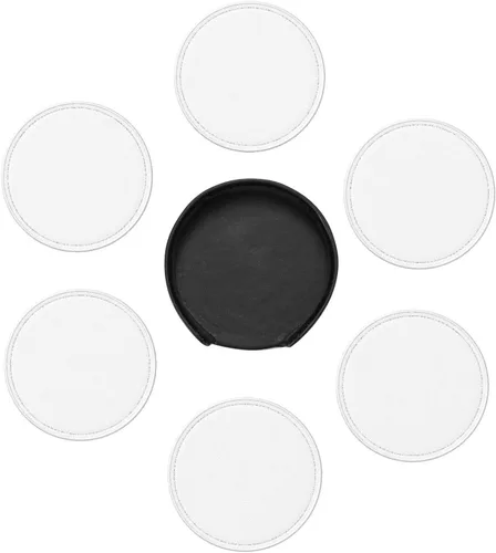 Vista 7 de Drink Coasters Set of 6, Solid Color White Printed PU Leather Round Coaster with Holder for Outdoor, Office, Bar, Funny Heat-Resistant Home Desk