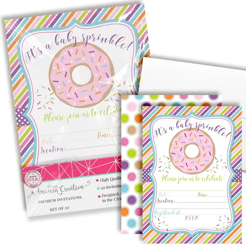 AmandaCreation - Invitaciones temáticas de donas para baby shower, 20 tarjetas de relleno de 5 x 7 pulgadas con veinte sobres blancos