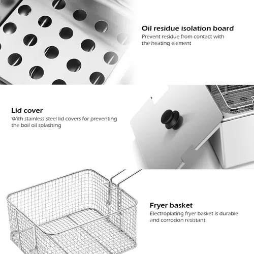 Vista 6 de Giantex Freidora comercial de 3400 W, tanque doble, freidora eléctrica de acero inoxidable de 12.8 cuartos de galón con 2 cestas, tapas y control