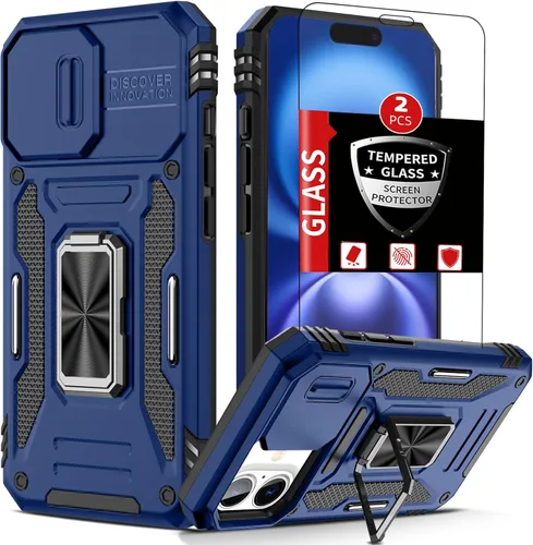 Vista 17 de Funda para iPhone 13 Mini con 2 protectores de pantalla, cubierta deslizante integrada para cámara para 13 mini, con soporte de 360°, a prueba
