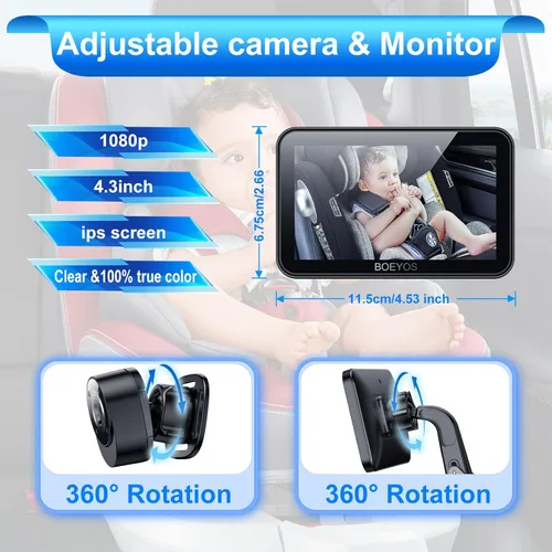 Vista 4 de Espejo de coche para bebé, cámara de automóvil de 4.3 pulgadas, HD 1080P, monitor de bebé con visión nocturna, ángulo de visión ajustable, fácil