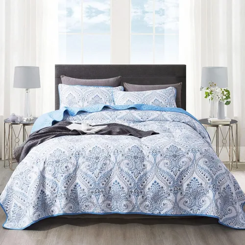 Vista 18 de NEWLAKE - Juego de cubrecama reversible de microfibra bordada con patrón floral en relieve en jacquard beige, tamaño queen