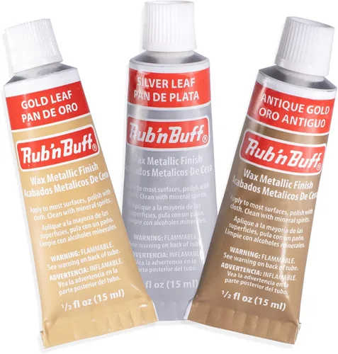 AMACO Rub n Buff - Kit de 3 colores de cera con acabado metálico, hoja de plata dorada antigua y tubos de hoja de oro de 0.5 onzas líquidas, cera