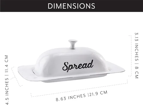 Vista 6 de AuldHome Design Plato de mantequilla esmaltado grande (blanco); plato de mantequilla esmaltada de granja con tapa y tapa