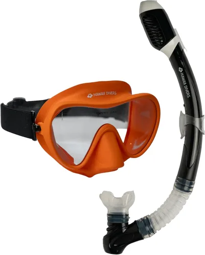 Hawaii Divers Deep Sea Adult Snorkel Combo - Tempered Glass Snorkel Mask with Silicon Skirt, Dry-Top Snorkel Gear for Adults, Single Anti Fog Lens,