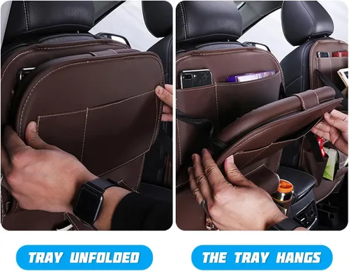 Vista 5 de Organizador de respaldo de asiento de automóvil, bolsillo de almacenamiento de respaldo de asiento de vehículo de cuero con bandeja de mesa