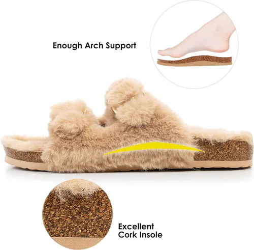 Vista 2 de FITORY Womens Open Toe Slipper with Cozy LiningFaux Rabbit Fur Cork Slide Sandals Size 6-11