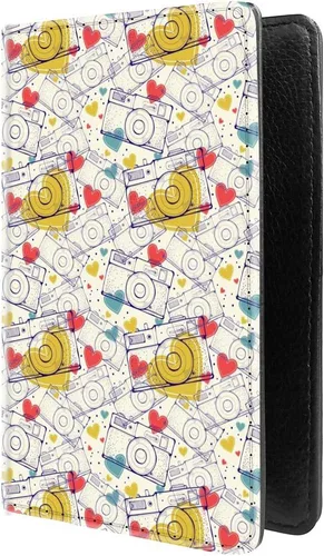 PU Leather Passport Holder Travel Wallet RFID Blocking Card Case Cover With Unique Pattern (Ink sketch camera pattern