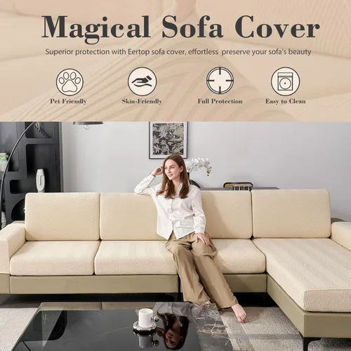 Vista 5 de Fundas de cojín para sofá seccional, fundas de sofá elásticas resistentes al desgaste para sofá universal, protector de cojín elástico lavable, Beige
