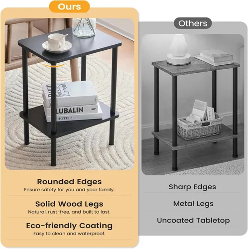 Vista 5 de Apicizon - Mesa auxiliar de 2 niveles, pequeña mesa auxiliar con patas de madera maciza, mesa de noche estilo boho con estante de almacenamiento