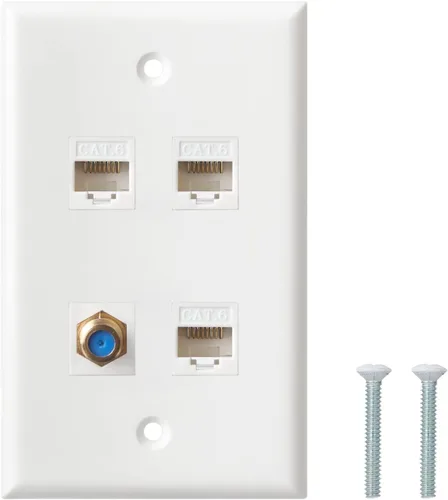 Vista 10 de Placa de pared coaxial Ethernet - Placa de pared tipo F Cat6, 1 puerto Keystone Cat6 y 1 puerto tipo F conector coaxial Keystone - Blanco