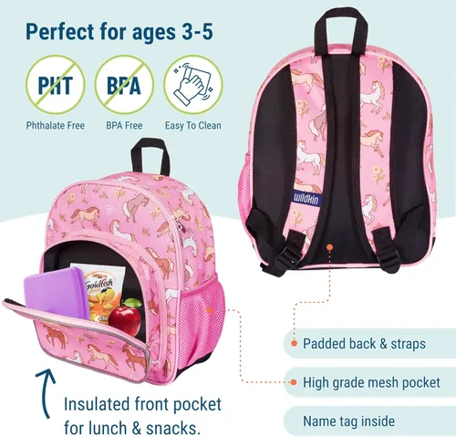 Vista 4 de Wildkin Mochila infantil de 12 pulgadas, acolchada, ajustable, ideal para guardería y viajes, caballos salvajes