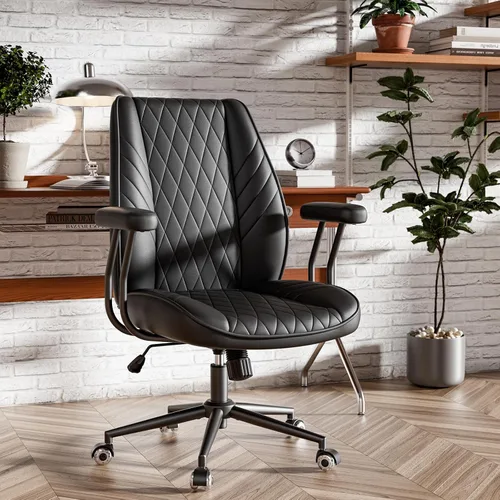 Silla de escritorio de oficina de cuero negro con ruedas, ruedas silenciosas, altura ajustable, brazos acolchados, silla de oficina vintage de
