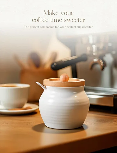 Vista 2 de AISBUGUR Azucarero con tapa y cuchara: tarro de azúcar de 13 oz con tapa de bambú, recipiente de azúcar de cerámica para barra de café - encimera