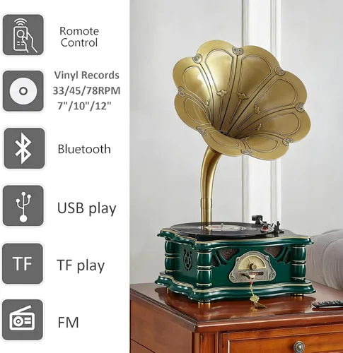 Vista 2 de Tocadiscos vintage de madera para gramófono, tocadiscos de fonógrafo retro, tocadiscos de 3 velocidades para disco de vinilo con audio Bluetooth