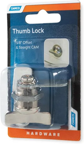 Vista 9 de Camco Candado de leva compensada Presenta un estilo de candado de fácil giro operado con el pulgar, incluye una compensación de 5/8 pulgadas y un