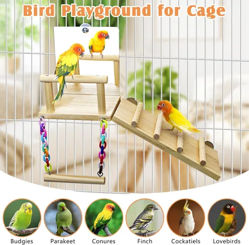Vista 3 de BNOSDM Plataforma de perca para pájaros con espejo, escalera de escalada de madera para periquitos, juguetes de columpio para pájaros pequeños
