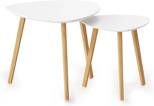 Vista 12 de BAMEOS Mesa auxiliar triangular anidable de bambú, juego de 2 mesas auxiliares modernas minimalistas para sala de estar, balcón en blanco y gris