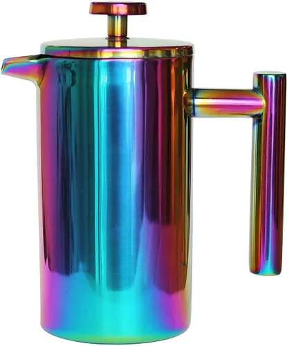 Vista 4 de Cafetera de prensa francesa, cafetera de acero inoxidable, prensa francesa de doble pared, arco iris, 34 oz/1 L