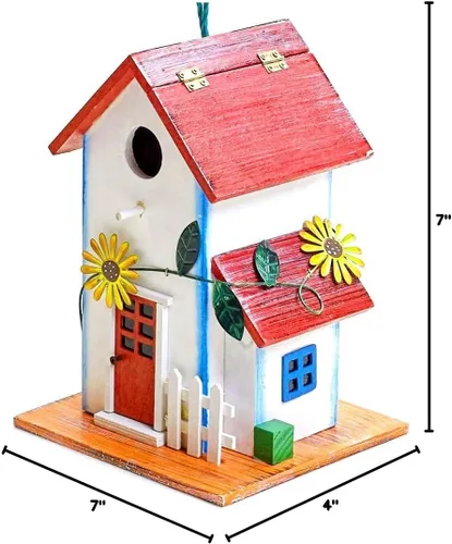 Vista 3 de Bo-Toys Pintada a mano pajarera de madera con flores decoración de jardín al aire libre