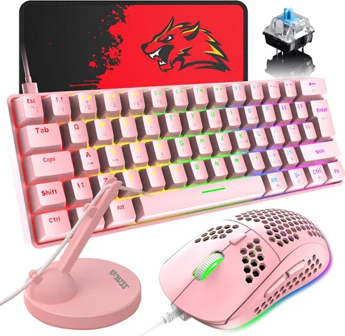 Combo de teclado y mouse 60% mecánico para juegos, mini 62 teclas tipo C Chroma 20 efectos retroiluminados arcoíris, mouse ligero RGB, almohadilla de SELORSS