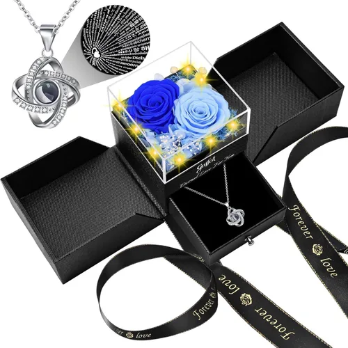2 Rosas Preservadas Regalo para Mujeres - Rosa Eterna con Collar I Love You - Regalos Románticos de Cumpleaños para Novia Mamá Ella Esposa Abuela en