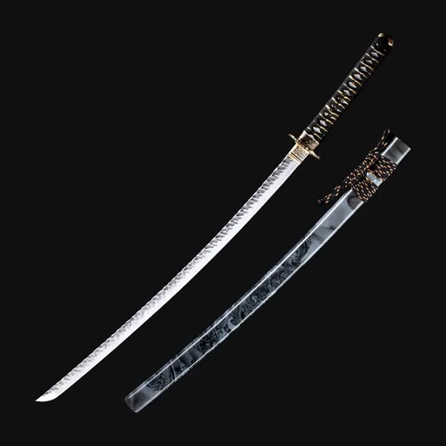 Vista 2 de Katana hecha a mano, espada japonesa de samurái, acero de Damasco, acero T10 de alto contenido de carbono templado en arcilla, espiga completa