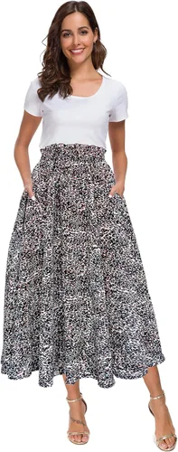 Vista 10 de Afibi Falda de gasa con estampado floral de cintura alta para mujer, estilo swing, de playa, midi, larga con bolsillos Negro