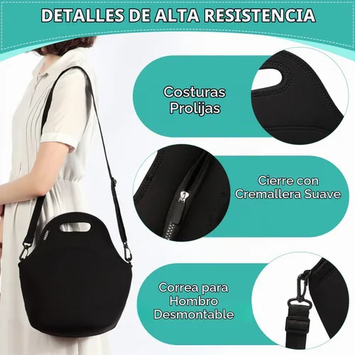 Vista 4 de Vaschy bolsa de almuerzo hermética de neopreno con correa ajustable desmontable para adultos y niños, Negro clásico, Negro clásico