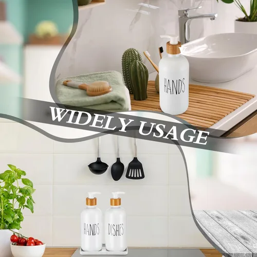 Vista 4 de Sunnyray 5 Pcs Kitchen Soap Dispenser Set Dish Glass Soap Dispenser and Hand Soap Dispenser with Tray Farmhouse Bamboo Dish Brush with Ceramic Dish
